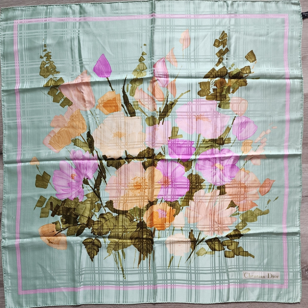 Auth Dior Pastel Plaid Sage Green Silk Scarf